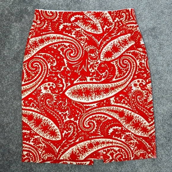 J. CREW Orange Gold White Cream Multi Floral Paisley Print Pencil Skirt Sz 2 - Picture 1 of 9